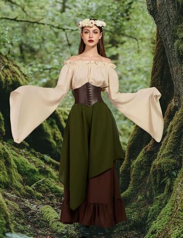 Renaissance Costume Women Ren Faire Outfit Medieval Skirt Dress with Corset Belt Pouch Coin Purse Skirt Hike 7PC in Saudi Arabia