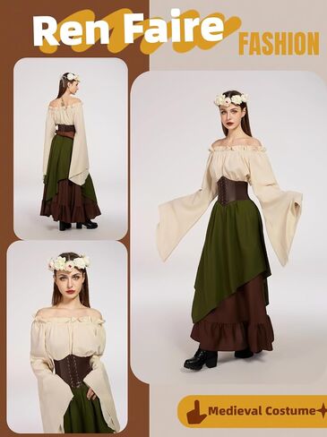 Renaissance Costume Women Ren Faire Outfit Medieval Skirt Dress with Corset Belt Pouch Coin Purse Skirt Hike 7PC in Saudi Arabia