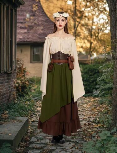 Renaissance Costume Women Ren Faire Outfit Medieval Skirt Dress with Corset Belt Pouch Coin Purse Skirt Hike 7PC in Saudi Arabia