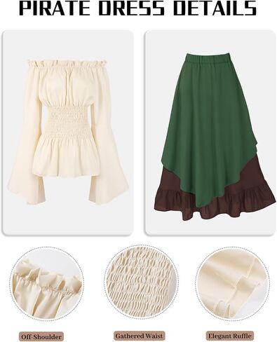 Renaissance Costume Women Ren Faire Outfit Medieval Skirt Dress with Corset Belt Pouch Coin Purse Skirt Hike 7PC in Saudi Arabia