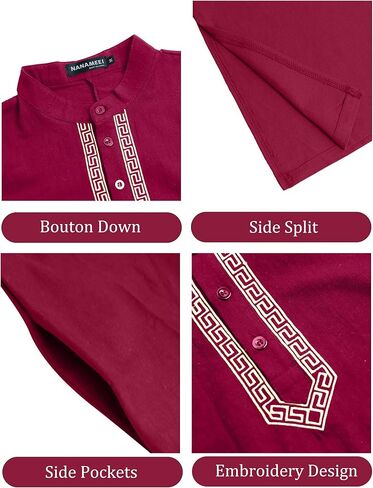 NANAMEEI Mens Kaftan Button Down Men Kurta Thobe Long Sleeve Robe Cotton Linen Muslim Caftan M-3XL in Kuwait