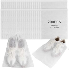 200 Pcs Dust Proof Shoe Bag, Non Woven Shoe Storage Bags for Men and Women, Drawstring White Shoes Pouch Storage for Travel (12.8 x 18.9 Inch)