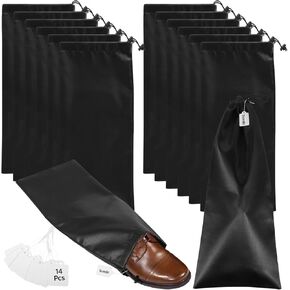 JUSTDOLIFE 14 PCS Shoe Bags for Travel, Portable Black Satin Fabric Shoe Cover for Men and Women, Shoe Bags for Storage, Drawstring Single Leather Shoe Bag with Blank Labels