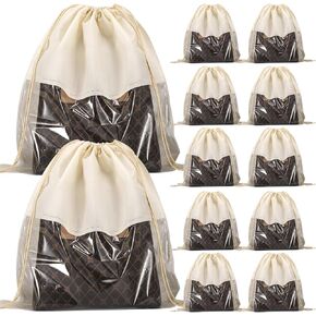 12 PCS Dustproof Drawstring Bags,Breathable Non-Woven Fabric Drawstring Dust Covers,Storage Bags Dust Bag for Handbags Shoes Purses,Beige