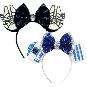 FACHPINT Mouse Ears Headbands - 2pcs Blue Ears for Boy Girl, Cute Halloween Theme Park Accessories, Sequin Christmas Party Props