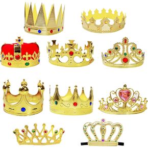 10 Pcs Royal King Crown Set for Kids Queen, Prince, and Princess Crown Plastic King Crown Jeweled Costume Accessory for Party Prom Adult Boy Girl