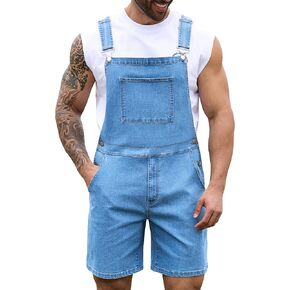 Bindefon Denim Overalls for Men Jean Shorts Jumpsuit Work Bibs Coveralls with Zipper