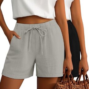 Riyiper 2 Pack Casual Linen Shorts for Women, Drawstring Elastic Waist Split Side Summer Line Comfy Lounge Short with Pocket