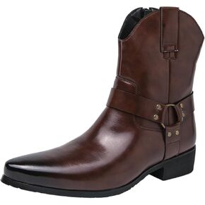 Men's Western Cowboy Boots - Fashion Pointed Toe Chunky Low Heel Belt Buckle Side Zipper Ankle Retro Classic Anti-Slip Short Boots