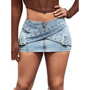 Makemechic Women's Denim Mini Mini Criss Cross Cross Bodycon Street Cowgirl Cargo Jean Verts