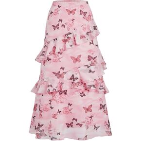 Verdusa Women's Floral Flowy Skirt Mesh Renaissance Layered Ruffle Boho Summer Cute Midi Skirts