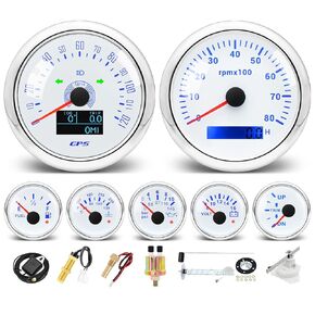 7 Boat Gauge Set - 3-3/8" GPS Speedometer, Tachometer, 2-1/16" Oil Pressure Gauge,Fuel Level,Water Temperature,Voltmeter,Trim Marine Meter Kit Waterproof 7 Color for AUTO (Black and Silver)