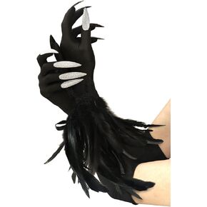 Halloween Long Nail Gloves Witch Black Feather Cuffs Gloves Cosplay with Demon Accessories