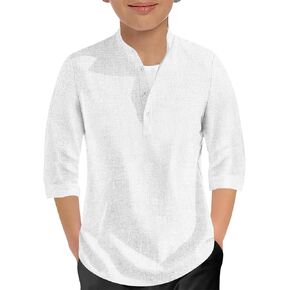 Sunborui Boys 3/4 Cleve Linen Henley قمصان الصيف بزر الصيف UP Dress Dress Tops Lightweight Tees Tops