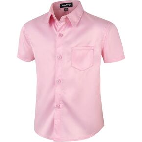 Spring&Gege Boys' Short Sleeve Dress Shirts Wrinkle-Free Sateen Formal Uniform Solid