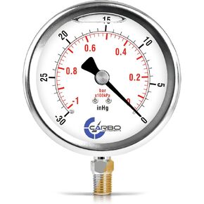 Carbo Liquid Filled Compound Pressure Gauge -30 inHg to 60 PSI with NIST Traceable Certificate, Calibrated in USA Lab, 4" Dial, 1/4 NPT Lower Mount, ASME Grade A, 304 SS Case, Brass Parts, inHg/Bar in Kuwait