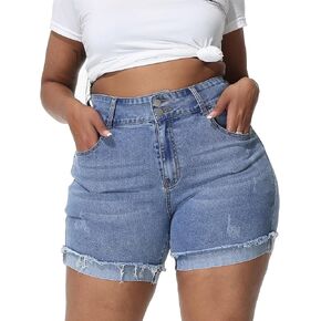 Womens Plus Size Jean Shorts High Waisted Stretchy Ripped Frayed Folded Hem Denim Shorts
