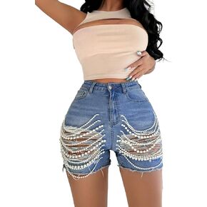 Tbahhir Women’s High Waist Ripped Denim Shorts with Pearls Beading Chain Distressed Bodycon Stretchy Summer Jean Shorts