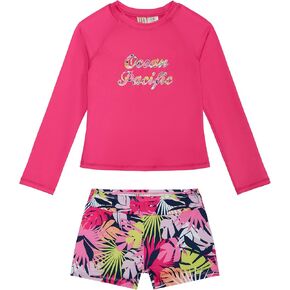 Ocean Pacific Girls' Two Piece Swim Shirt and Swim Shorts Bathing Suit Rashguard Set