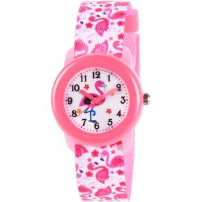 Venhoo Kids Hotes Cartoon Cartoon Cartoon Fabrack Fabric Strap Children Toddler Wrist Watch for 3-10 Year Girls Little Bink Wink Flamingo