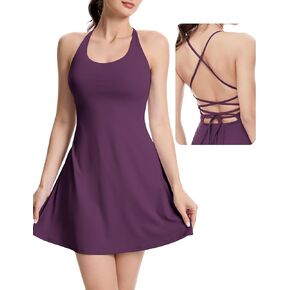 M MOTEEPI Womens Open Back Tennis Dress Sleeveless Built in Shorts and Bra Golf Athletic Dress with Pockets