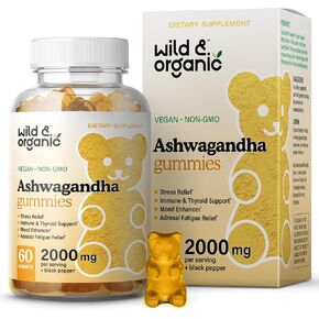 Wild & Organic Ashwagandha Gummies 2000mg - Mood Support Supplement w/Ashwagandha Root Extra Strength - Natural Calm Supplements Gummies - 60 Vegan, Non-GMO Chews