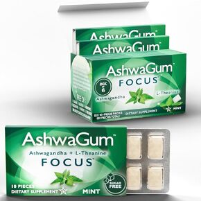 Ashwagum Focus Gum by Bettergum ، مكملات الدماغ عالية الفاعلية مع KSM 66 Ashwagandha و L theanine ، يدعم التركيز والذاكرة ، بديل للوحوم ، خالية من السكر ، 10 قطع - 6 حزمة