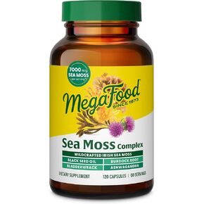MegaFood Sea Moss Complex - Irish Sea Moss 7000mg Per Serving Plus Black Seed Oil, Burdock Root, Bladderwrack & Ashwagandha - Vegan Gut Health & Immune Support Supplement, 120 Capsules, 60 Servings