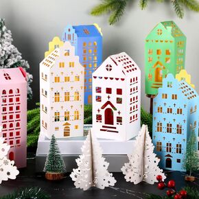Amyhill Multicolor Paper Christmas Village Set - 36 Pcs DIY House and Trees Mini Cardboard Crafts Xmas Table Centerpiece for Mantel, Window Home Decor