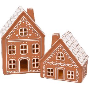 Mark Feldstein & Associates Ceramic Iced Gingerbread Houses Holiday Pre Lit LED Village Figurines, Set of 2, 9 Inch