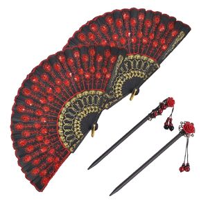2 Pieces Embroidered Peacock Sequin Folding Hand Fans Red Dance Fan 2 Pieces Chinese Hair Pins Hair Chopsticks Flamenco Accessories for Women