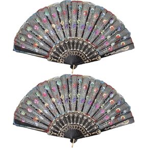 Kesyoo Hand Hand Fans Handheld Fans 2pcs Cloth Fan Fan Peacock قابلة للطي مع الترتر يدوية مروحة مروحة الرقص مروحة مروحة ديزخ