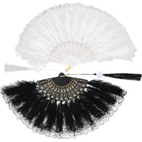2 pcs Handheld lace Feather Fan, 1920s Renaissance Style Flapper Hand Fan, Marabou Foldable Feather Hand Fans, for 1920s Gatsby Party, Clothing Accessories and Party Decorations (Black, White)