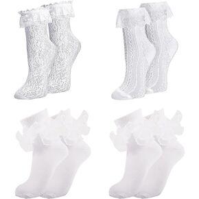 Girls Ruffle Socks Frilly Fancy Lace Dress Socks First Communion Sock Pageant Flower Sock for Toddler Girl 6-8 Years