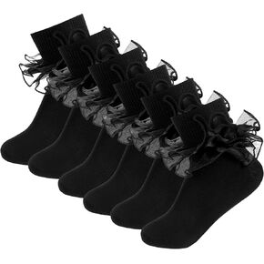 6 Pcs Black Ruffle Socks, Bowknot Girls Ballet Socks, Lace Cuff Socks Cotton Dance Socks for Kids Party, Holiday Decoration