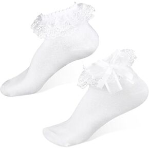 Lusofie white frilly socks girls with bows，Lace Ruffle Socks for Toddler Girls Age 4-6，cute Cuff Ankle Socks Holy Communion School Sock