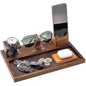 Shanik Premium Everyday Carry Nightstand Organizer - Custom Engraved Tray with Removable Watch Holder, Glass Holder and Convenient Wood Phone Stand