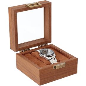 AHANDMAKER Single Watch Display Stand with Clear Glass Window Wood Watch Gift Box Watch Holder Jewelry Collection Jewelry Holder, Coconut Brown