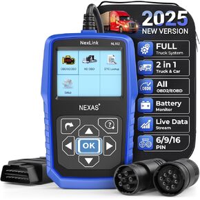 NEXAS Heavy Duty Truck Scanner NL102+ Full System Truck Diesel Scan Tool for Cummins, Caterpillar, Detroit, International, PACCAR, etc, 2-in-1 Code Reader Support All OBD2 Modes for Truck & Car