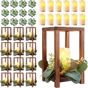 36 Pcs Wooden Wedding Lantern Centerpiece,Include 12 Candle Holders 12 LED Candles 12 Eucalyptus Leaves Wreath for Rustic Wedding Table Decoration,Country Barn Table Valentine Decor (Retro White)