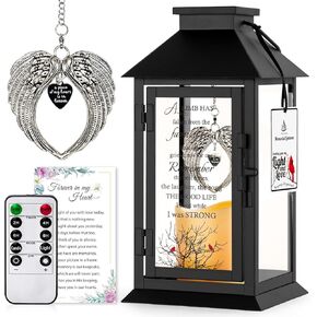 Memorial Gift for Loss of Mother Father Memorial Lantern with Ornaments Angel Wings Sympathy Lantern for Loss of Loved One Remembrance Bereavement Gifts with Candle