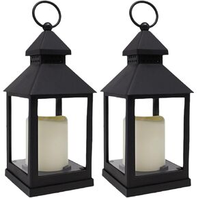 2 Pack 10.2" Candle Lanterns Decorative Indoor Hanging Lanterns with Warm Flickering LED Candle 6 Hours Timer,Black Battery Powered Candle Lantern Table Centerpiece Mantle Shelf Home Decor