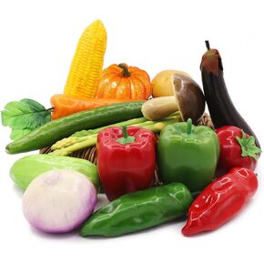 Tuxiaobu 17 Pcs Artificial Vegetables, Fake Vegetables Lifelike Faux Pepper Potato Pumpkin Tomato Carrot Onion Mushroom Eggplant Cucumber Asparagus Decorations for Home Kitchen Festival Christmas