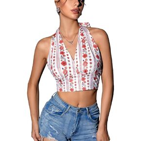 Verdusa Women's Hippie Costume Outfit 70s Halter Top Whimsigoth Backless Crop Tops Sleeveless Disco Tank Shirt