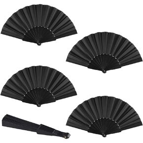 Minelife 4 Pieces Black Handheld Folding Fan, Decoration Fold Hand Fan Nylon Cloth Chinese Fan for Party Favors, Dancing, DIY Decoration