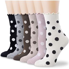VIBCICY Ruffle Crew Socks For Women, Funny Frilly Polka Dot High Ankle Casual Cute Socks, Novelty Cotton Cartoon 6 Pack