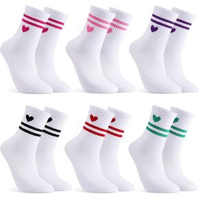 Jspupifip Heart Socks 6 Pairs Crew Athletic Cotton Women Socks Toddler Striped Socks with Retro Stripes Hearts