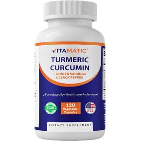 Vitamatic Turmeric Curcumin Supplement 3000 mg Equivalent Per Serving, Made with 95% Curcuminoids, Black Pepper, Ginger, Moringa, 120 Vegetable Capsules, Non-GMO, Gluten Free (120 Capsules)