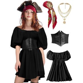 kasahara Womens Pirate Costume Outfit Sexy White Pirate Dress with Corset Necklace Bandana Headscarf Accessories 4pcs