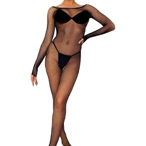 Sexy Body Stockings Fishnet Bodysuit for Women One Piece Long Sleeve Mesh Lingerie Women's Naughty Outfits One Size